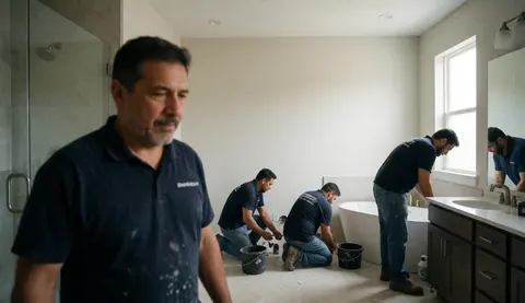 Une équipe de professionnels effectuant des travaux de plomberie et de rénovation dans une salle de bain.