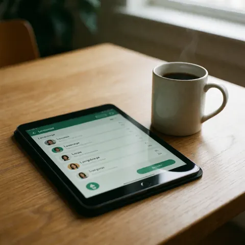 Une tablette affichant une application d'apprentissage des langues repose sur une table en bois, accompagnée d'une tasse de café fumante dans un cadre lumineux.