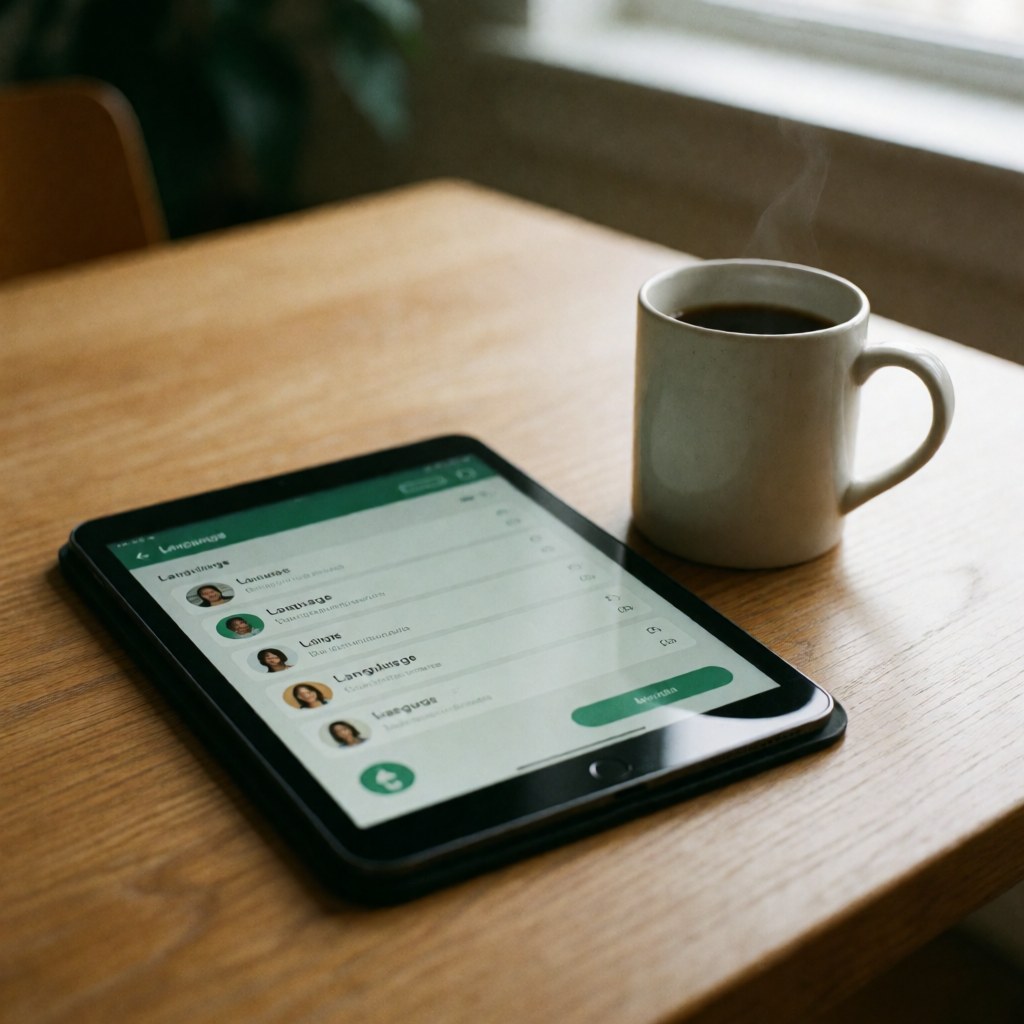 Une tablette affichant une application d'apprentissage des langues repose sur une table en bois, accompagnée d'une tasse de café fumante dans un cadre lumineux.