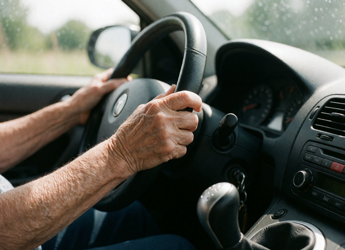 Gros plan des mains d'un conducteur tenant fermement le volant d'un véhicule automobile.
