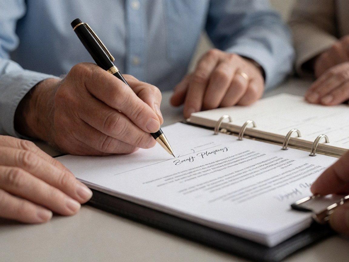 Prise de vue rapprochée montrant une main tenant un stylo au-dessus d'un document à signer sur un bureau, évoquant la planification d'une affaire ou d'un mariage.