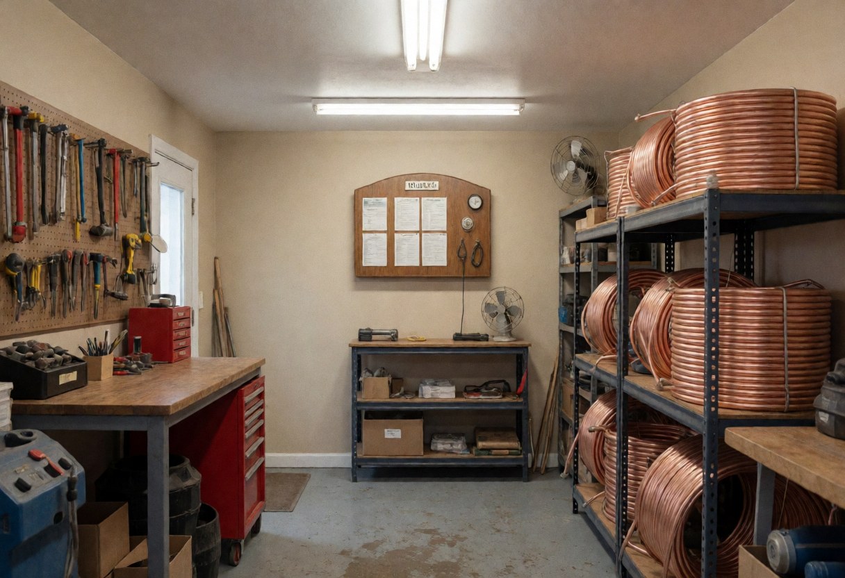 Des mains travaillant sur des bobines de cuivre posées sur une table d'atelier, entourées d'outils et d'équipements techniques pour la climatisation.