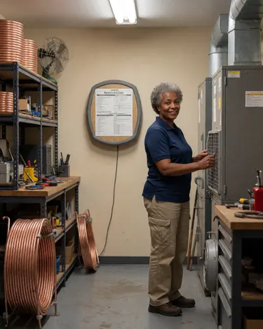 Une technicienne examine un système de climatisation dans un bureau, entourée de tuyaux en cuivre, d'outils et d'un manuel fixé au mur.