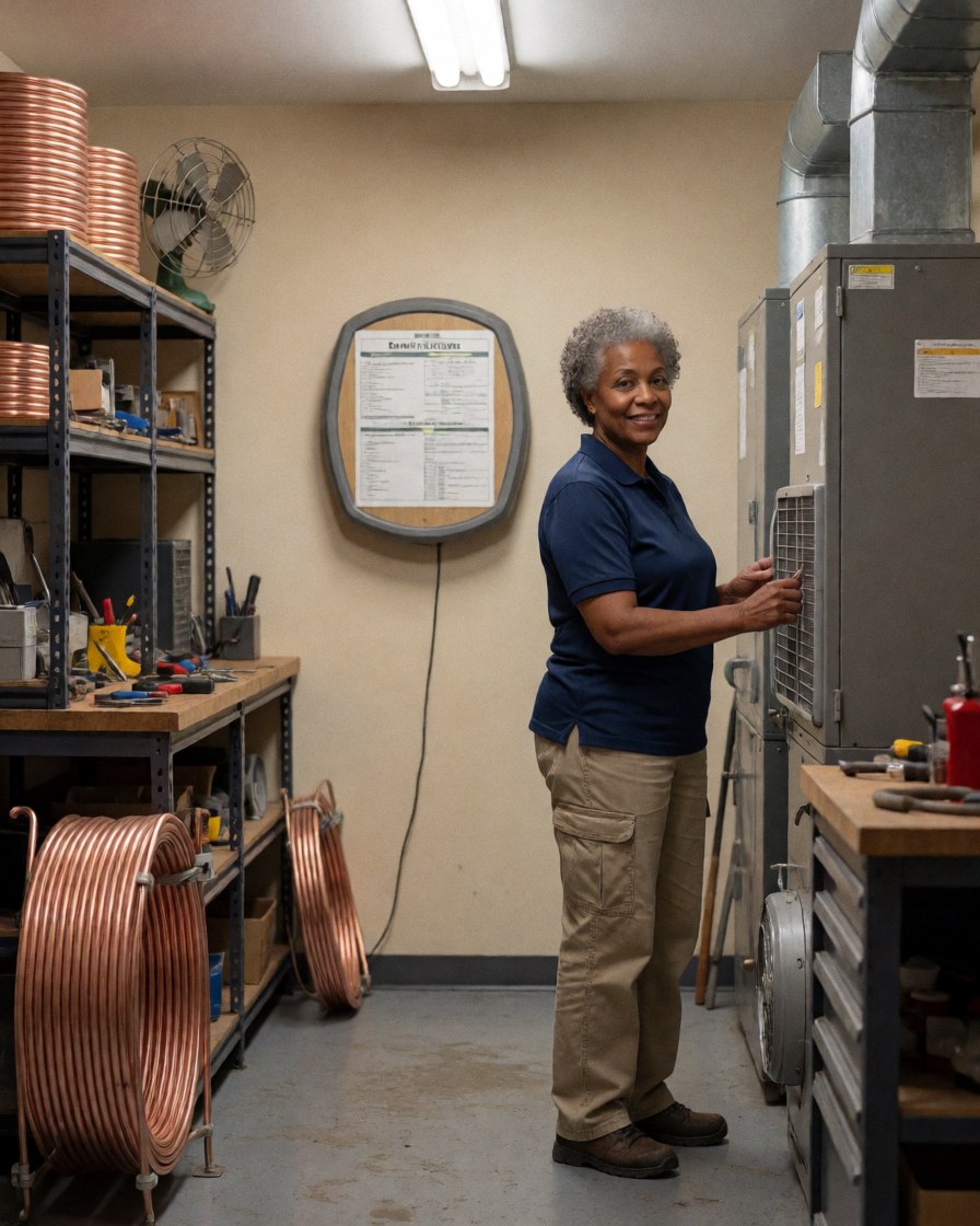 Une technicienne examine un système de climatisation dans un bureau, entourée de tuyaux en cuivre, d'outils et d'un manuel fixé au mur.