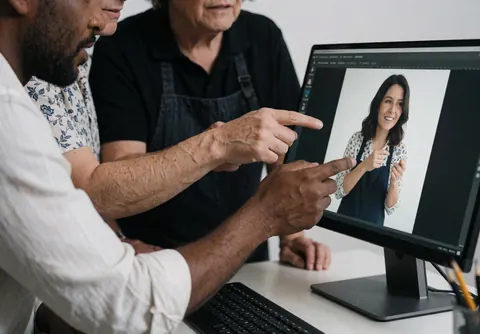 Un photographe examine une image affichée à l'écran d'un moniteur dans un studio de photographie.