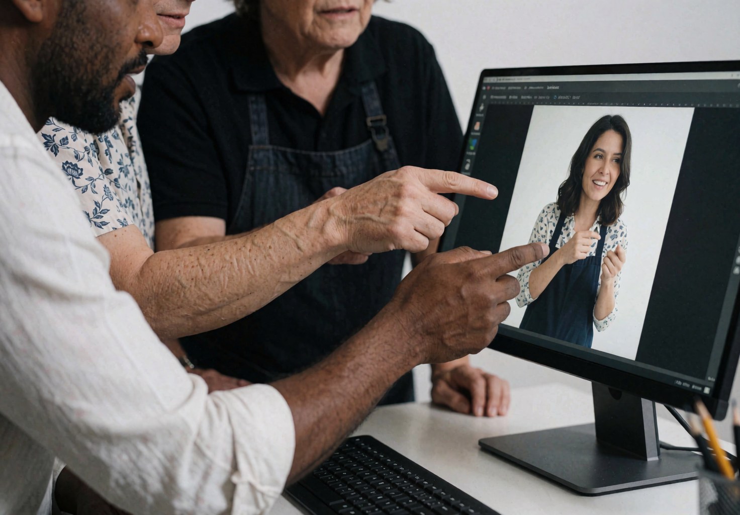 Un photographe examine une image affichée à l'écran d'un moniteur dans un studio de photographie.