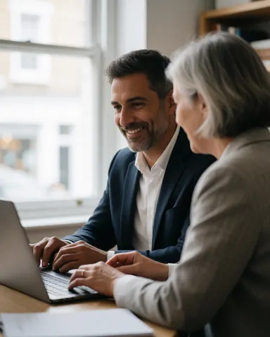Deux professionnels souriants travaillant ensemble sur une tablette dans un bureau moderne avec lumière naturelle par la fenêtre.
