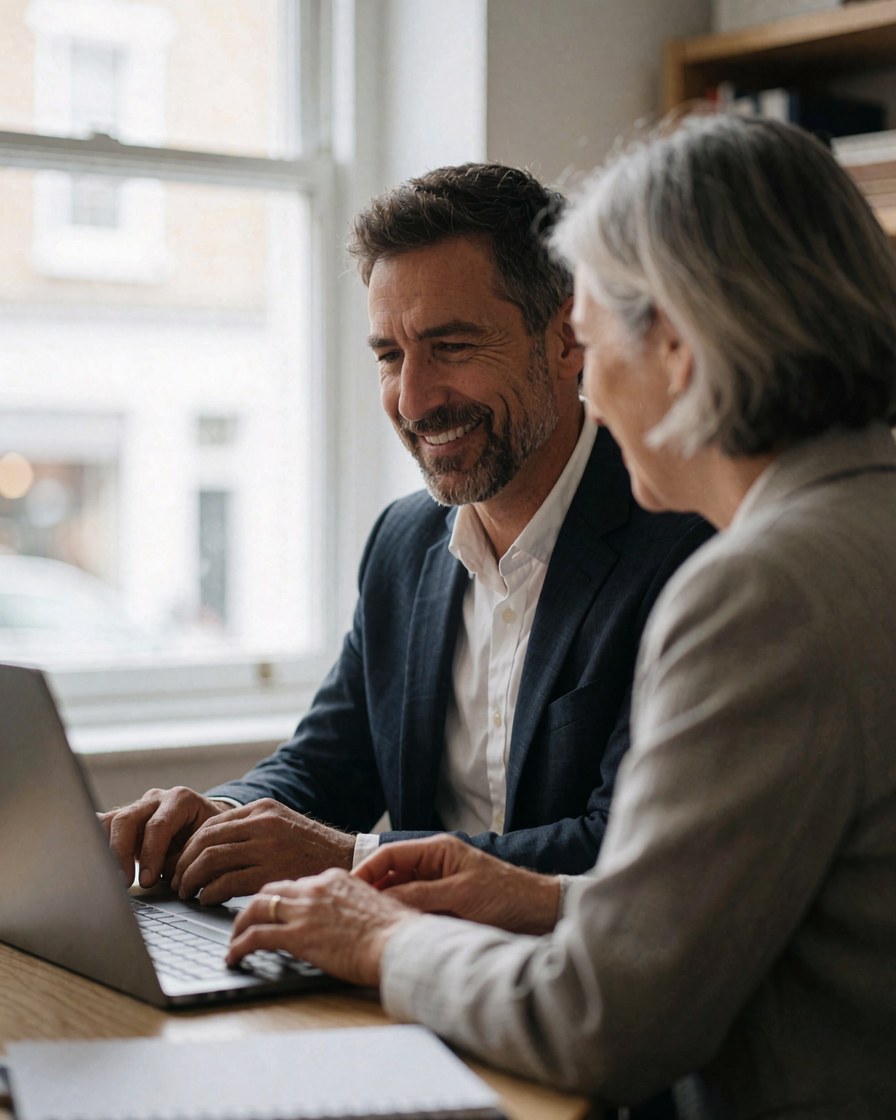Deux professionnels souriants travaillant ensemble sur une tablette dans un bureau moderne avec lumière naturelle par la fenêtre.