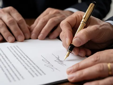 Mains adultes signant un contrat avec un stylo doré sur papier blanc, éclairage doux, flou d'arrière-plan, scène professionnelle et réaliste