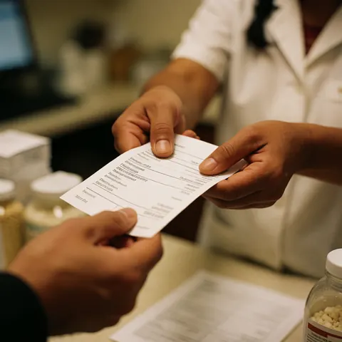Des mains tenant une feuille d'ordonnance et un sac contenant des bouteilles de médicaments sur un bureau, dans un contexte de clinique médicale.