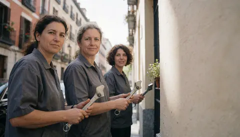 Trois femmes plombières tenant des clés, debout devant un bâtiment, prêtes à intervenir pour des travaux de plomberie.