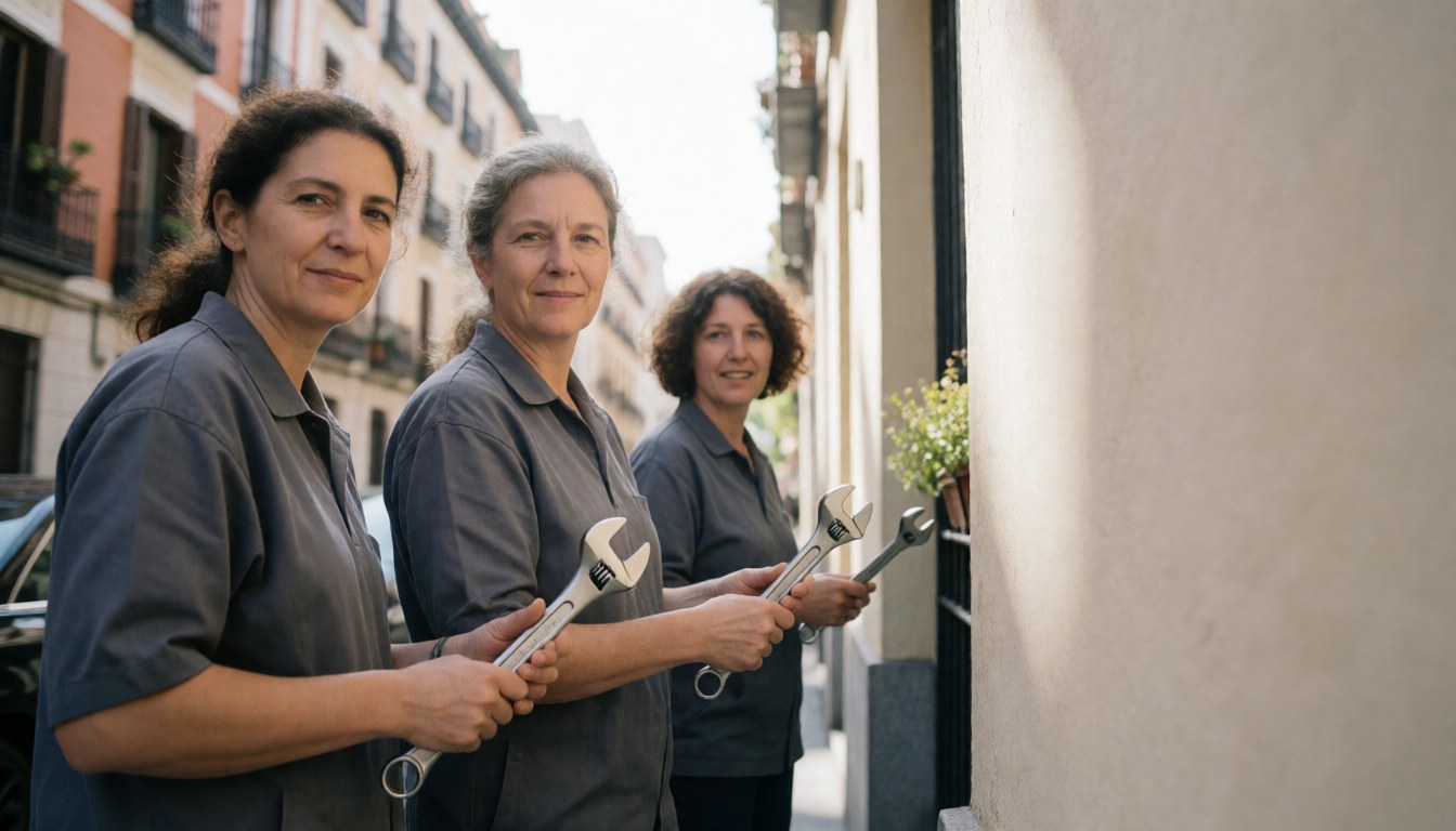 Trois femmes plombières tenant des clés, debout devant un bâtiment, prêtes à intervenir pour des travaux de plomberie.