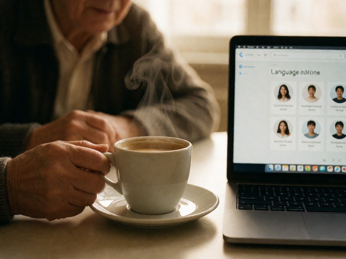 Une personne âgée tient une tasse de café chaud près d'un ordinateur portable affichant une interface d'apprentissage des langues sur une table éclairée par une lumière chaleureuse.