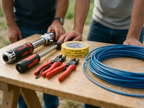 Vue rapprochée des outils utilisés pour l'installation de systèmes photovoltaïques sur un chantier solaire professionnel.