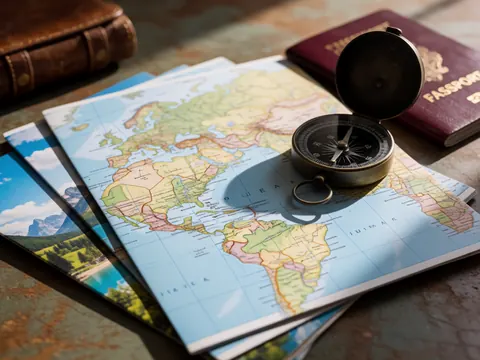Vue de dessus d'une carte du monde dépliée, une boussole rétro et un passeport rouge posés sur une surface en bois rustique éclairée par la lumière naturelle.
