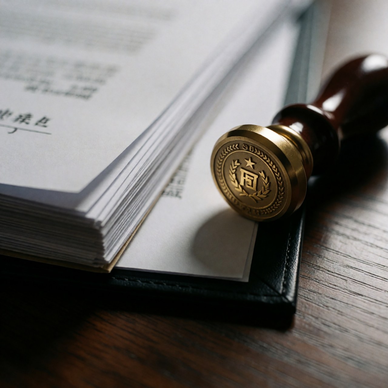 Un sceau en cire doré posé sur des documents officiels, disposés sur un bureau en bois sombre avec une lumière dramatique mettant en valeur les textures.