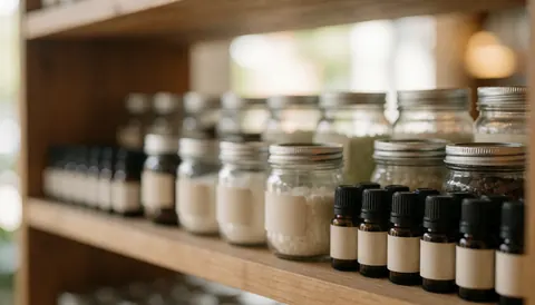 Ardoise en bois portant des bouteilles en verre contenant des huiles essentielles, sur un fond flou aux tons chauds et naturels.