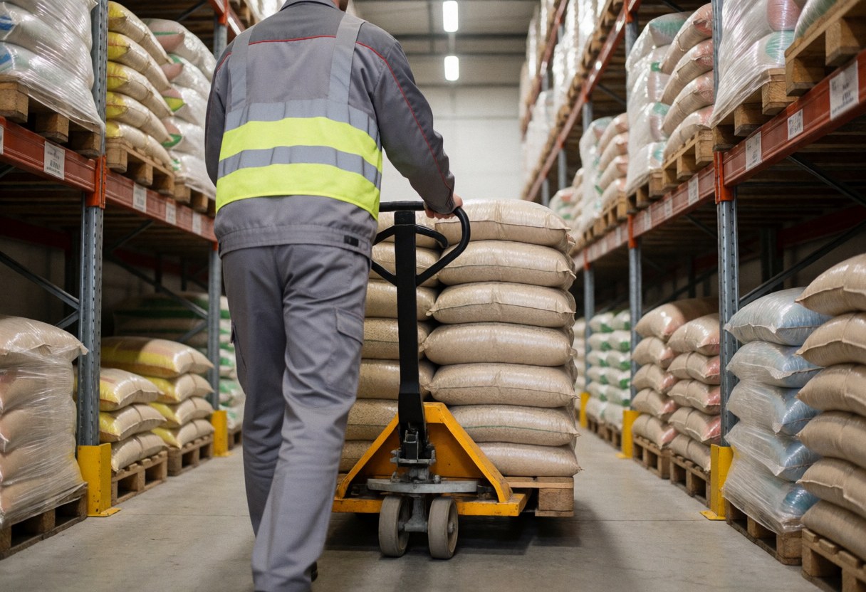Un employé pousse un chariot manuel chargé de sacs de fertilisant dans un entrepôt agricole, entouré de rayonnages métalliques sous un éclairage fluorescent.