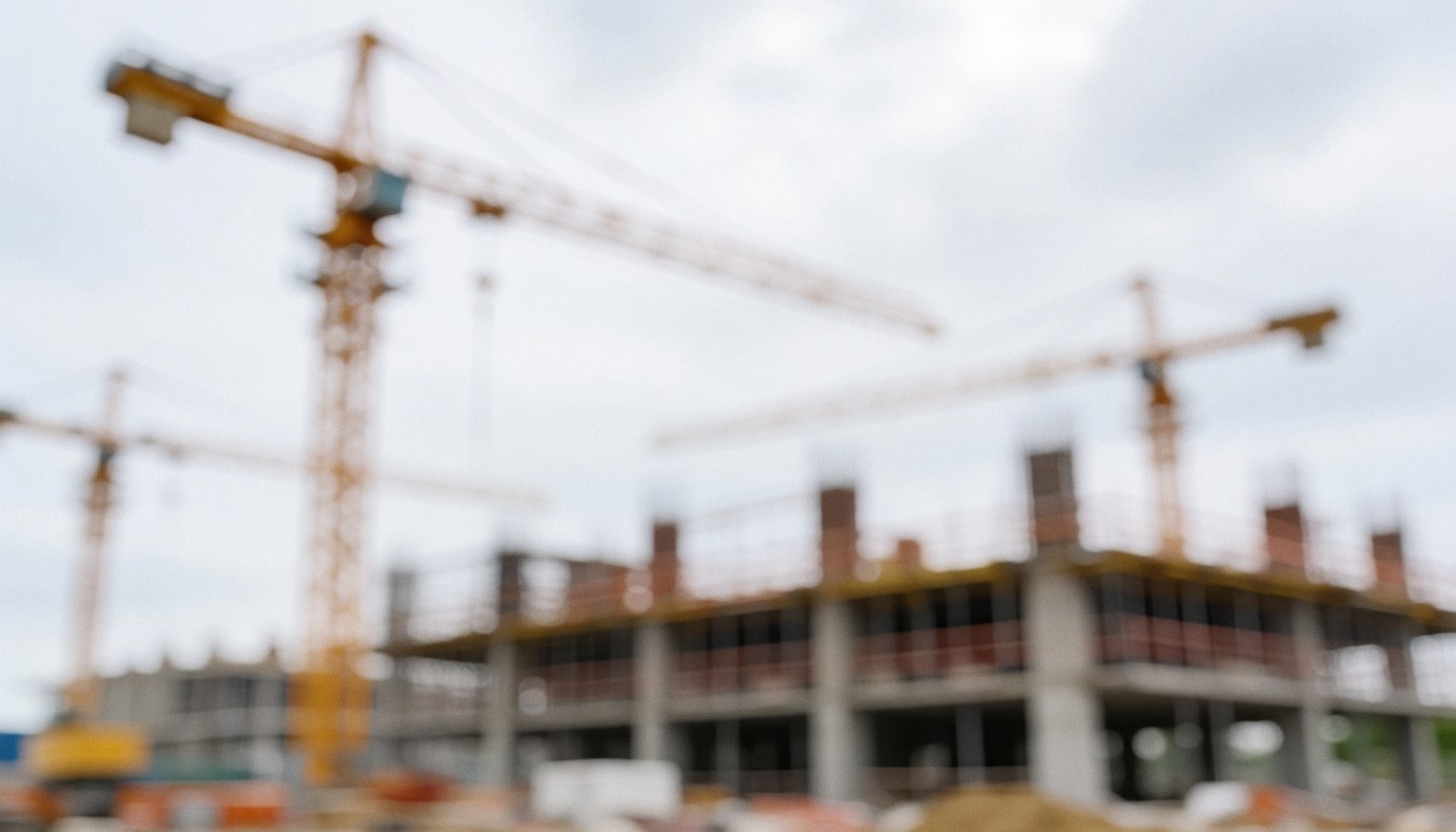 Vue d'un chantier de construction moderne avec des grues industrielles et un bâtiment en développement sous un ciel couvert, servant de fond professionnel pour le texte.