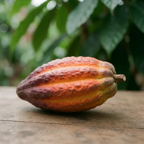 Gousse de cacao entière, fraîche et naturelle, dans son état brut, montrant le fruit du cacaoyer avant transformation.