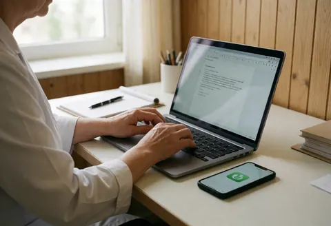 Un nutritionniste adulte travaille dans un bureau clinique avec un ordinateur et un smartphone affichant une application de santé, baigné de lumière naturelle.