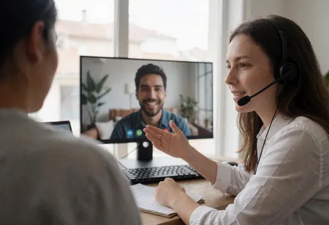Agent de service client expliquant une solution à un client par appel vidéo, utilisant un ordinateur et des écouteurs dans un bureau lumineux.
