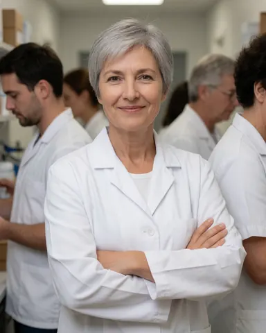 Dermatologue souriante en blouse blanche regardant l'objectif dans un couloir de clinique avec du personnel médical en arrière-plan flou.