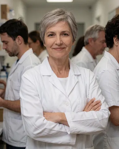 Dermatologue souriante en blouse blanche regardant l'objectif dans un couloir de clinique avec du personnel médical en arrière-plan flou.