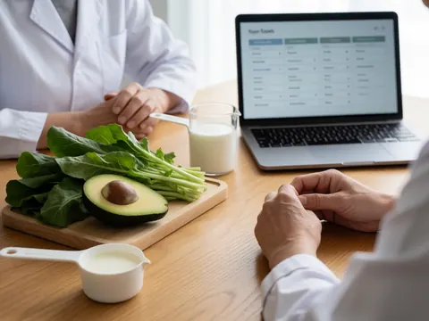 Vue de dessus d'un bureau organisé avec des outils de nutritionniste, des aliments sains comme l'avocat et les épinards, et un plan alimentaire sur un ordinateur.