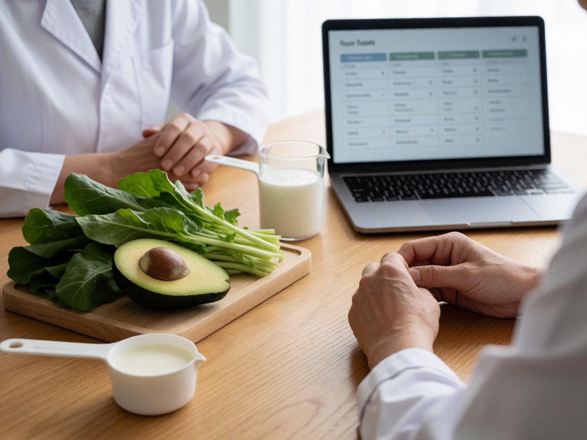 Vue de dessus d'un bureau organisé avec des outils de nutritionniste, des aliments sains comme l'avocat et les épinards, et un plan alimentaire sur un ordinateur.