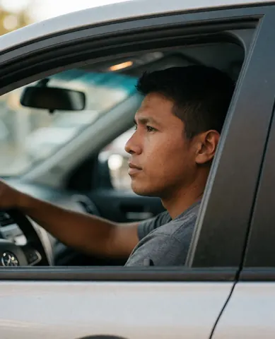 Un homme sérieux et attentif tient le volant d'un véhicule en journée claire, l'arrière-plan est flou.