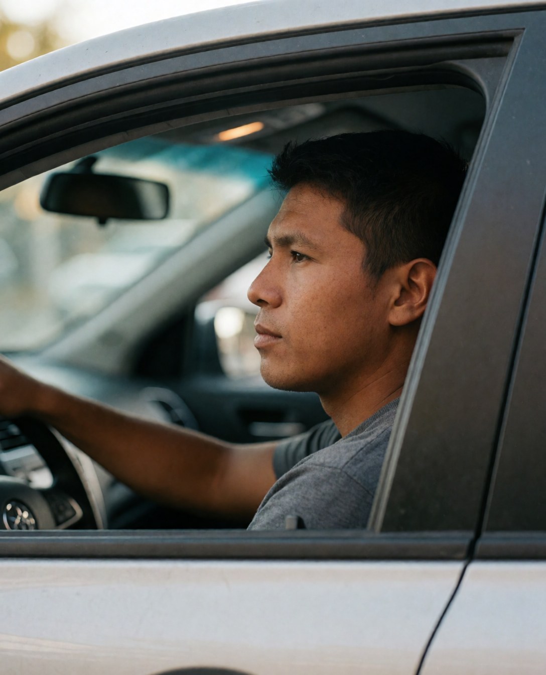 Un homme sérieux et attentif tient le volant d'un véhicule en journée claire, l'arrière-plan est flou.