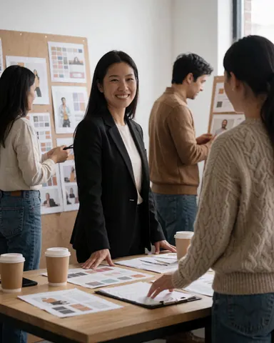Planificateur d'événements en bureau avec équipe, tables, café et design, travaillant avec des clients et une équipe dans un environnement professionnel et accueillant.