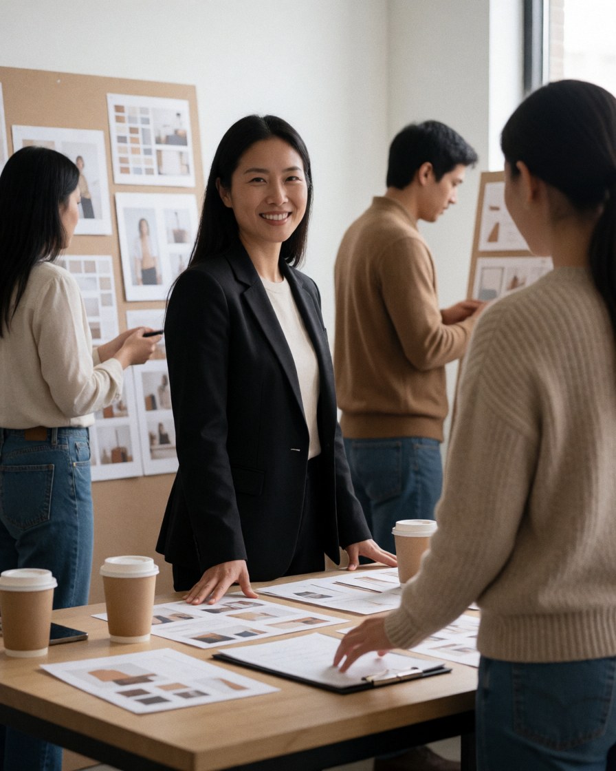 Planificateur d'événements en bureau avec équipe, tables, café et design, travaillant avec des clients et une équipe dans un environnement professionnel et accueillant.