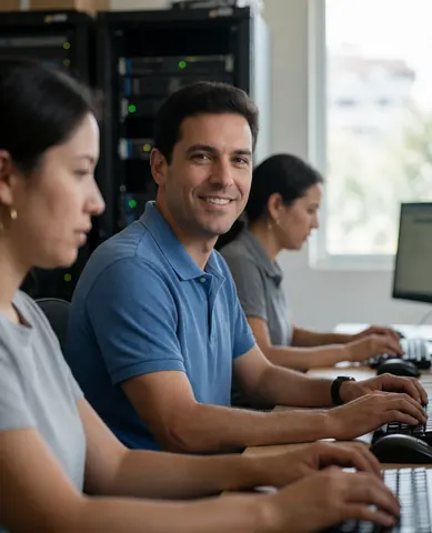 Trois professionnels de l'informatique utilisent des ordinateurs dans un bureau éclairé par la lumière naturelle d'une fenêtre, avec des serveurs en arrière-plan.