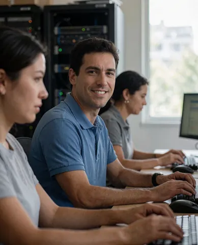 Trois professionnels de l'informatique utilisent des ordinateurs dans un bureau éclairé par la lumière naturelle d'une fenêtre, avec des serveurs en arrière-plan.