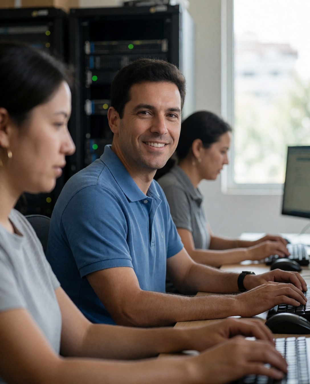 Trois professionnels de l'informatique utilisent des ordinateurs dans un bureau éclairé par la lumière naturelle d'une fenêtre, avec des serveurs en arrière-plan.