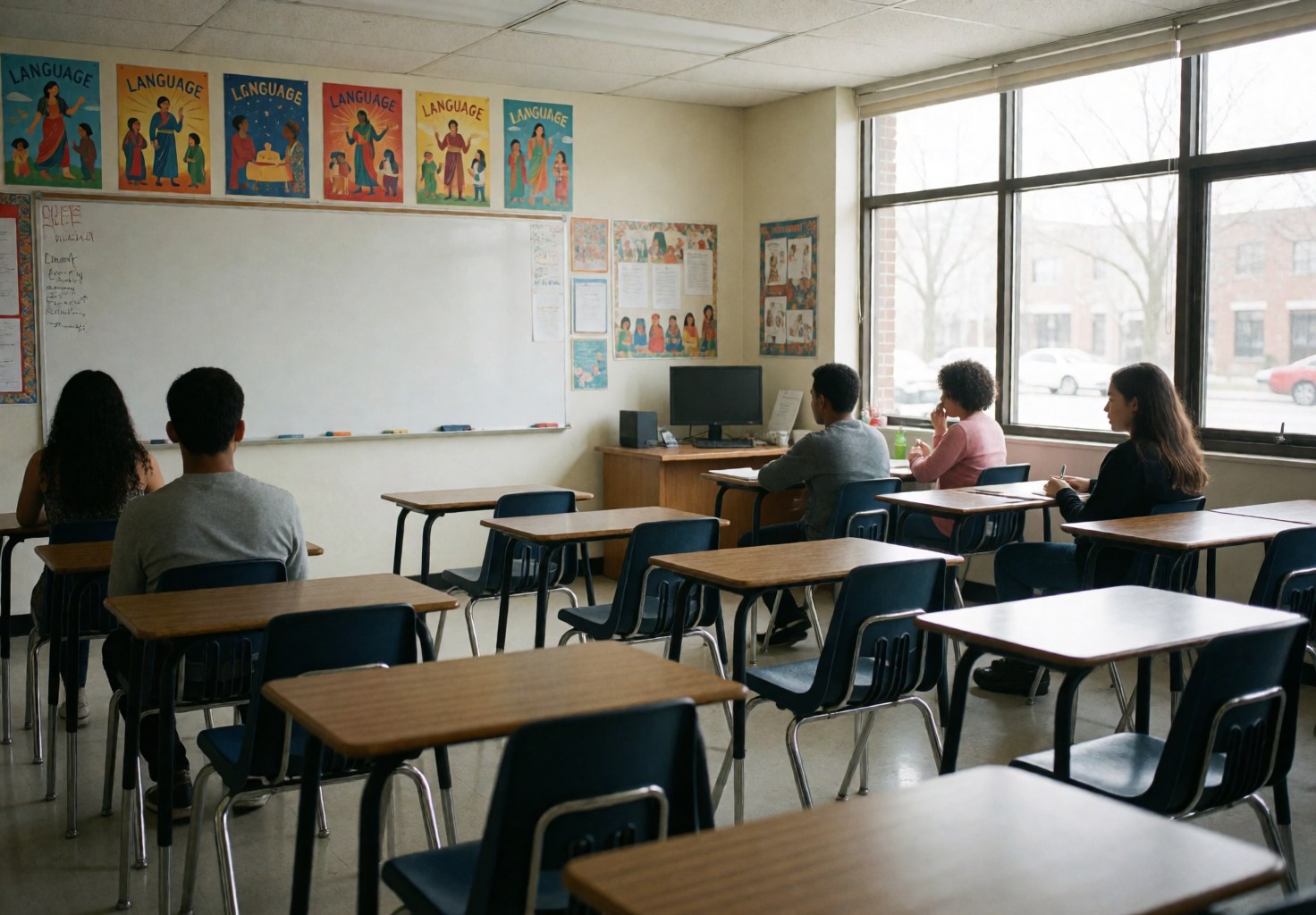 Vue d'une salle de classe de langues vierge, équipée d'un tableau blanc, de tables et de chaises, avec de grandes fenêtres laissant entrer la lumière du jour.
