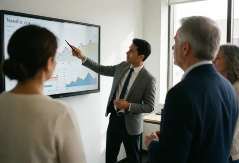 Un conseiller en costume gris pointe un graphique sur un grand écran avec un stylet devant trois clients dans un bureau moderne.