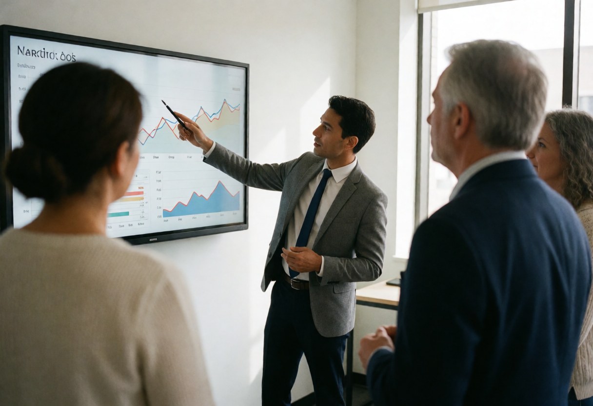 Un conseiller en costume gris pointe un graphique sur un grand écran avec un stylet devant trois clients dans un bureau moderne.