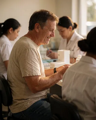 Un homme souriant assis face à une dentiste dans un cabinet médical avec du personnel travaillant en arrière-plan.