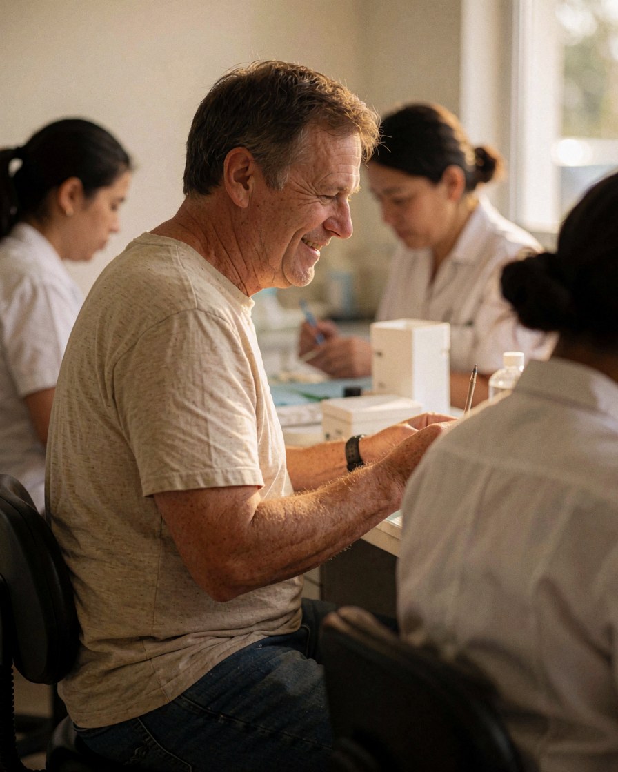 Un homme souriant assis face à une dentiste dans un cabinet médical avec du personnel travaillant en arrière-plan.