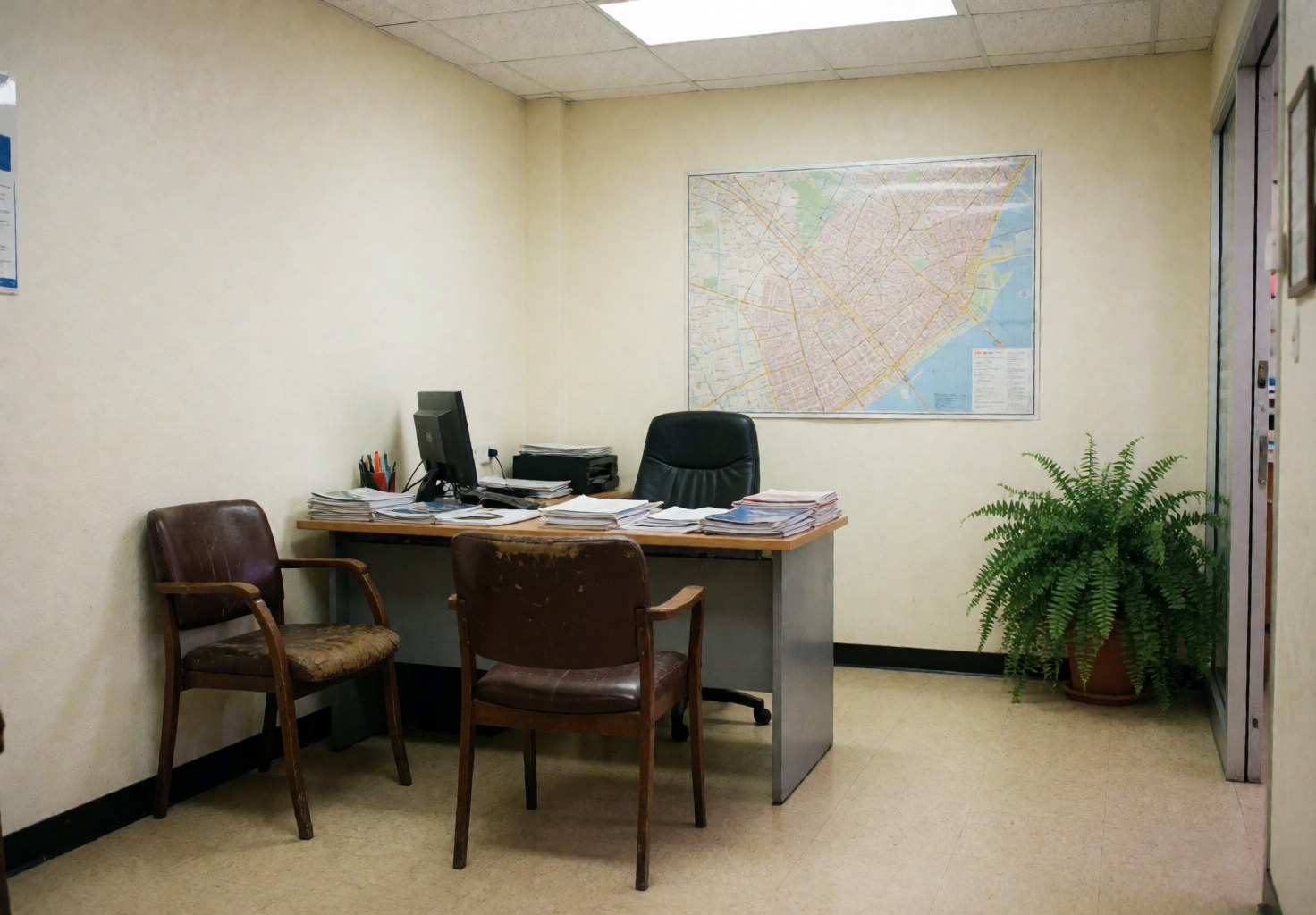 Vue d'un bureau d'auto-école équipé d'un bureau, d'une chaise, d'un ordinateur et d'une grande carte murale.