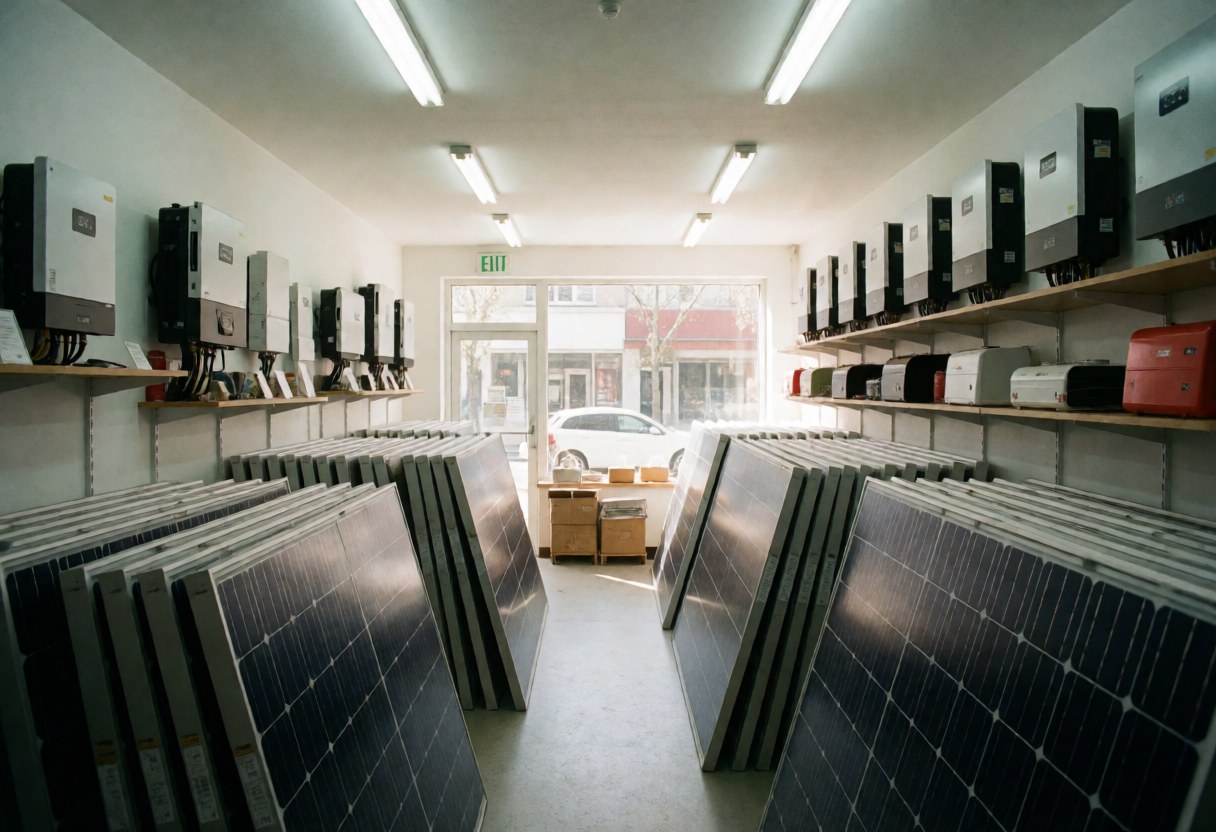 Intérieur d'un magasin d'énergie solaire montrant des panneaux solaires empilés, des onduleurs et des batteries sur des étagères, avec un éclairage naturel et artificiel dans un environnement propre et professionnel.