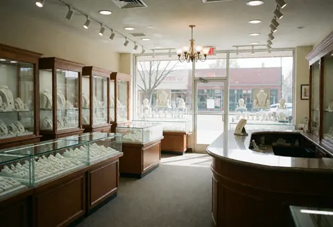 Vue de l'intérieur d'un magasin de bijoux avec vitrines, comptoir en bois et éclairage naturel lumineux.