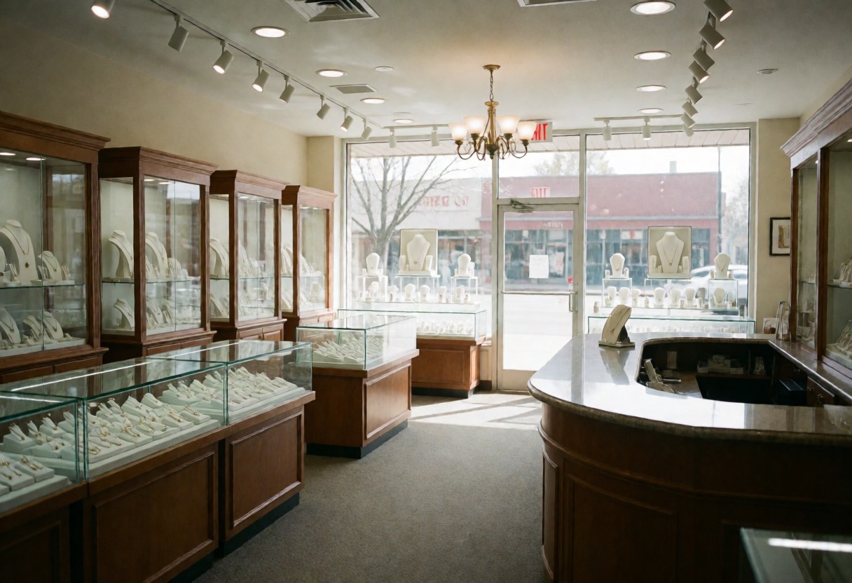 Vue de l'intérieur d'un magasin de bijoux avec vitrines, comptoir en bois et éclairage naturel lumineux.