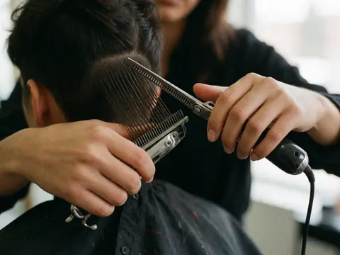 Mains d'un barbier utilisant des ciseaux et une peigne pour coiffer un client dans un salon de barbier professionnel.