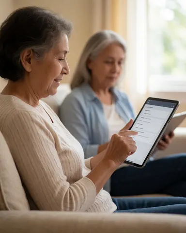 Une femme senior sourit en utilisant une tablette dans son salon baigné de lumière naturelle, avec une autre personne en arrière-plan.
