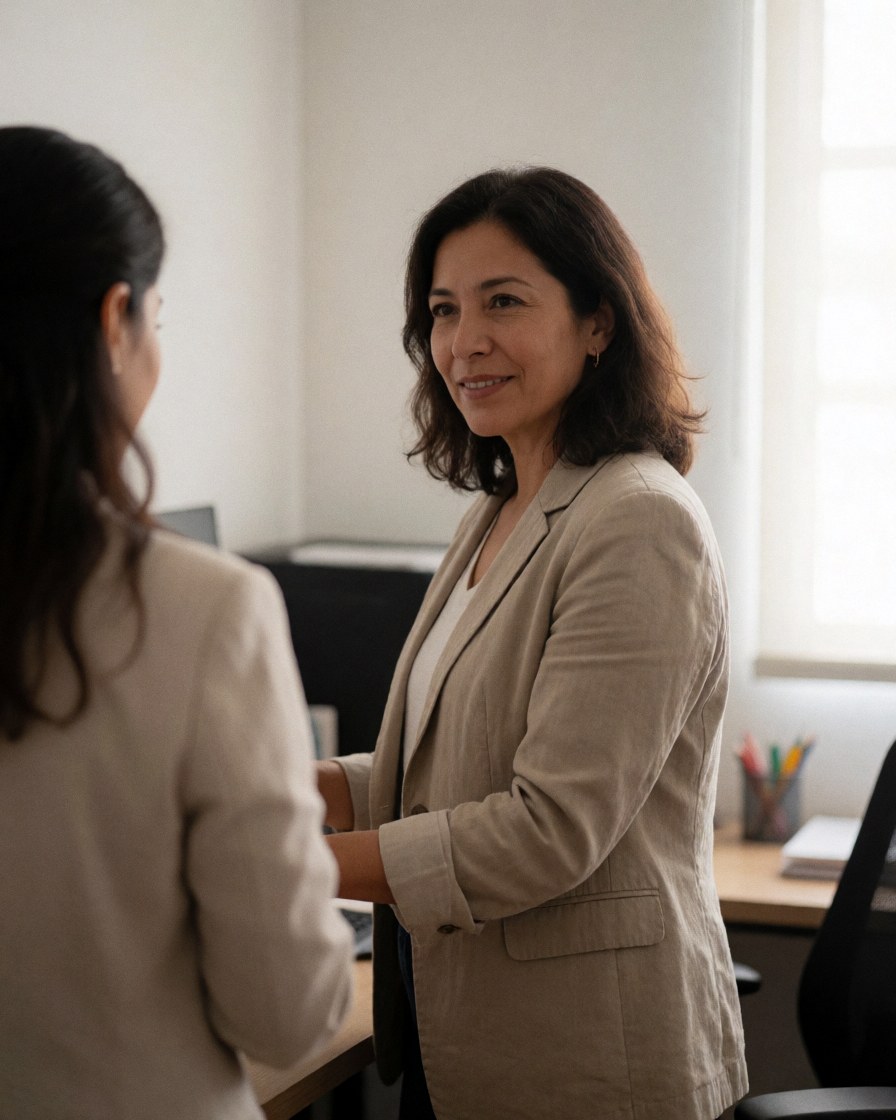 Une femme dirigeante d'organisation non gouvernementale est assise à son bureau professionnel en train de travailler sur un ordinateur portable dans un environnement de bureau lumineux.