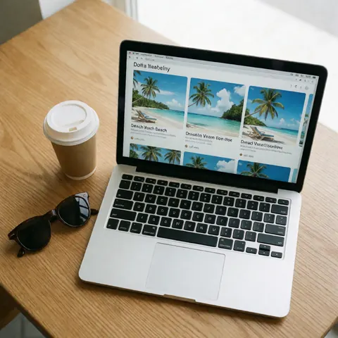 Un ordinateur portable affichant un itinéraire de plage tropicale, accompagné d'une tasse de café et de lunettes de soleil sur une table en bois.